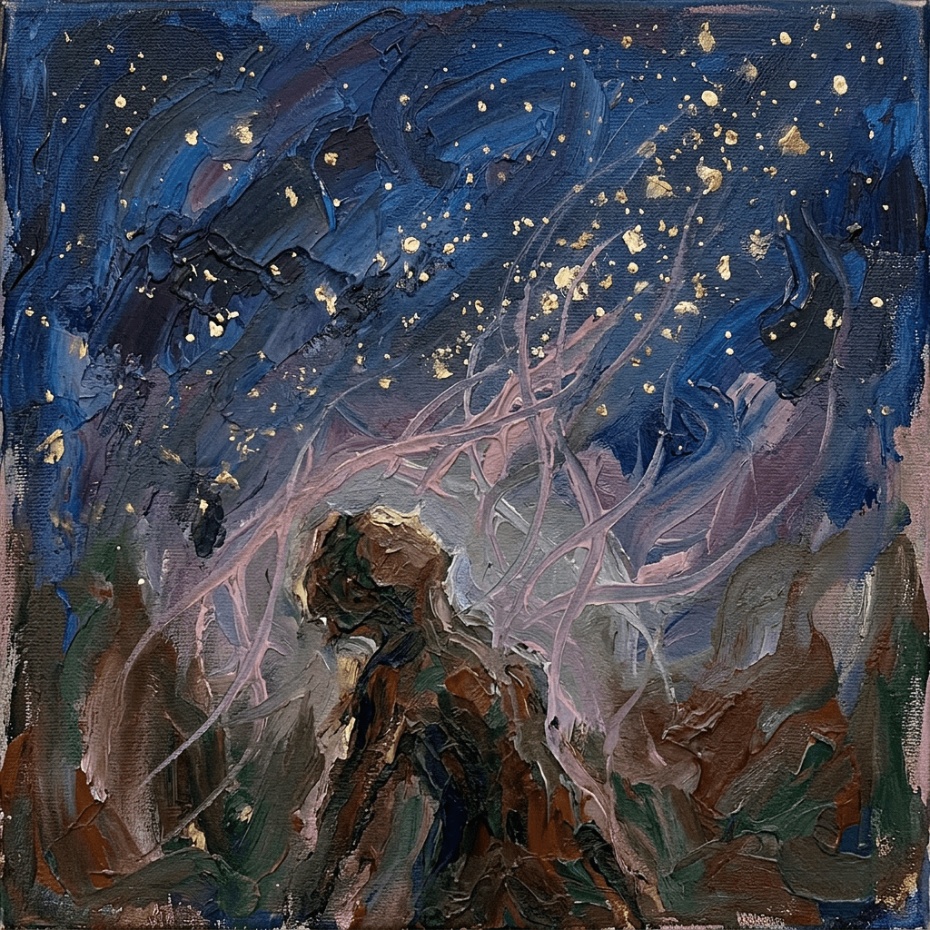 Abstract painting of a figure under a star-filled night sky with golden specks and swirling blue, purple, and brown hues