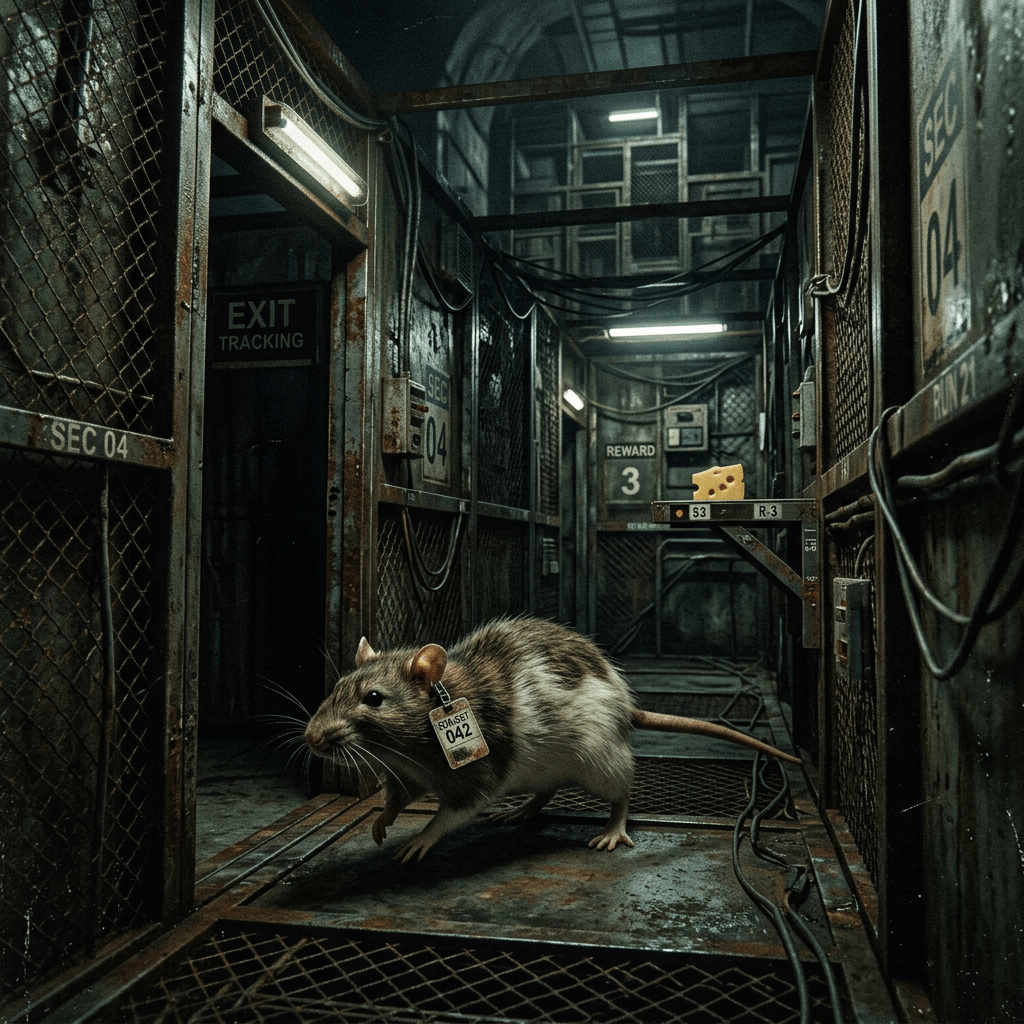 Tagged rat in industrial corridor with text: EXIT TRACKING, SEC 04, REWARD 3, SUNSET 042, 93, R3