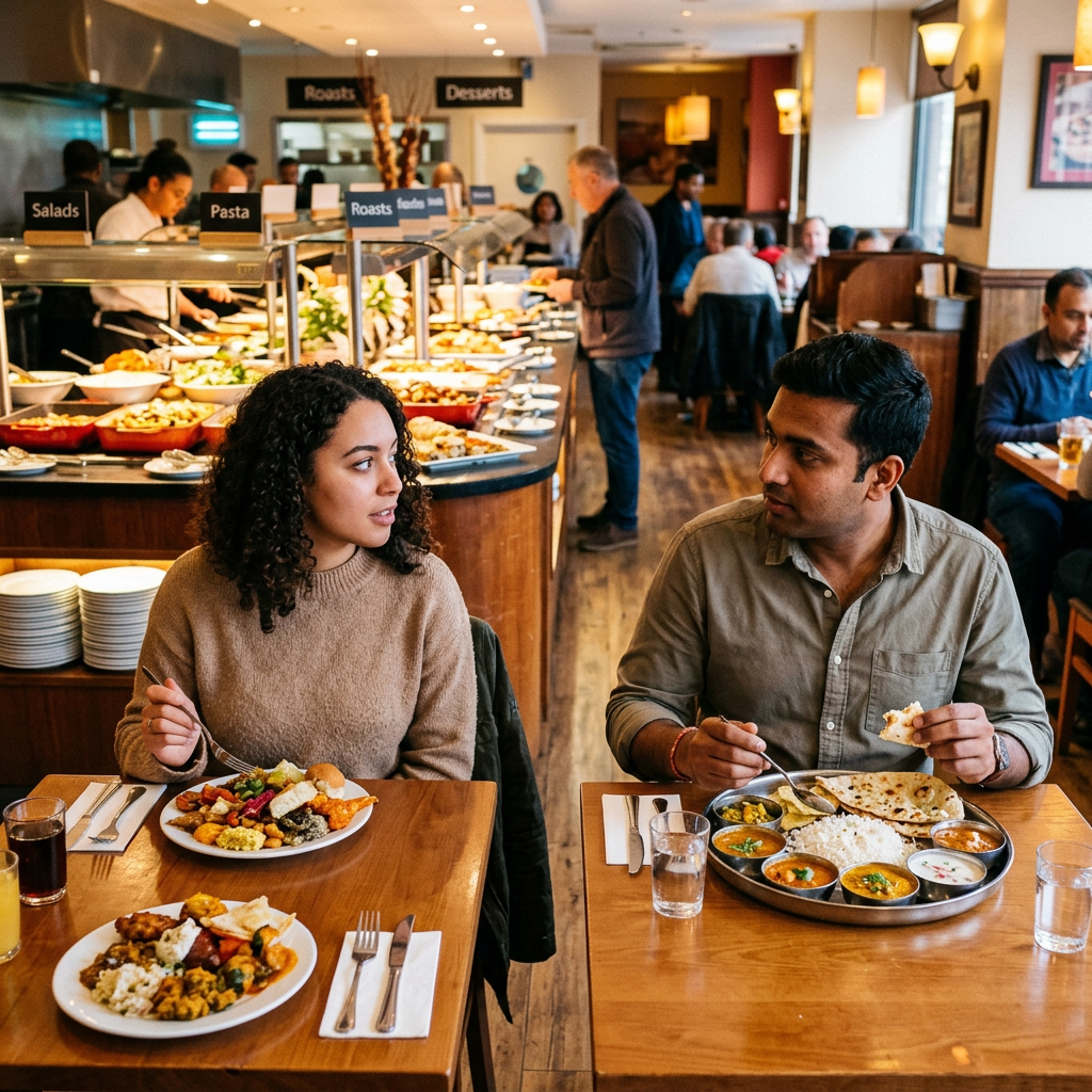 Two diners eating at a restaurant buffet with labeled food stations