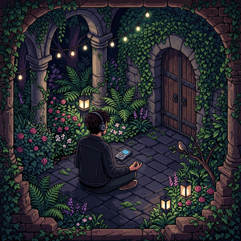 Man meditating in secret garden