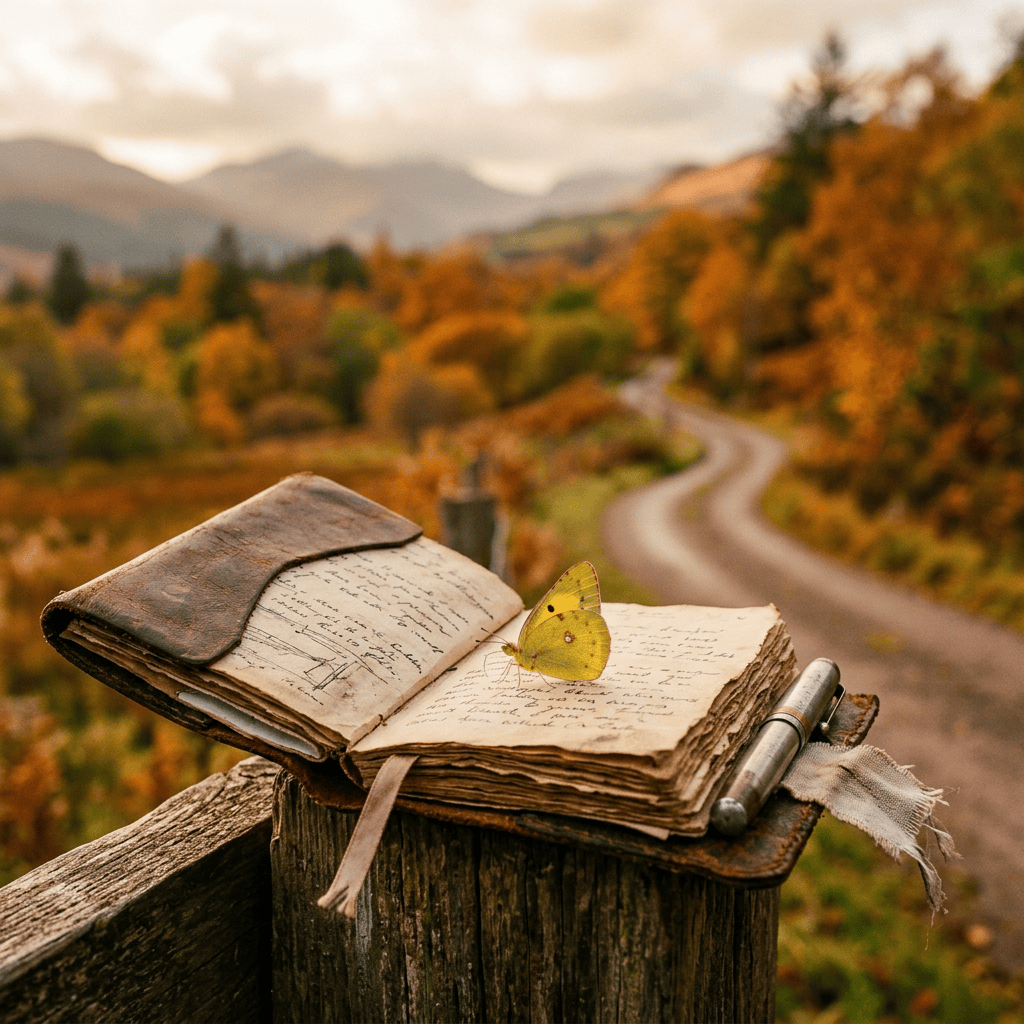 Open journal with butterfly beside winding road in autumn landscape