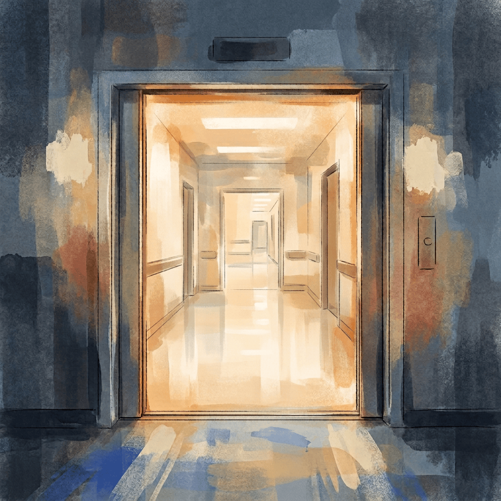 Medical staff moving a patient bed through a hospital corridor