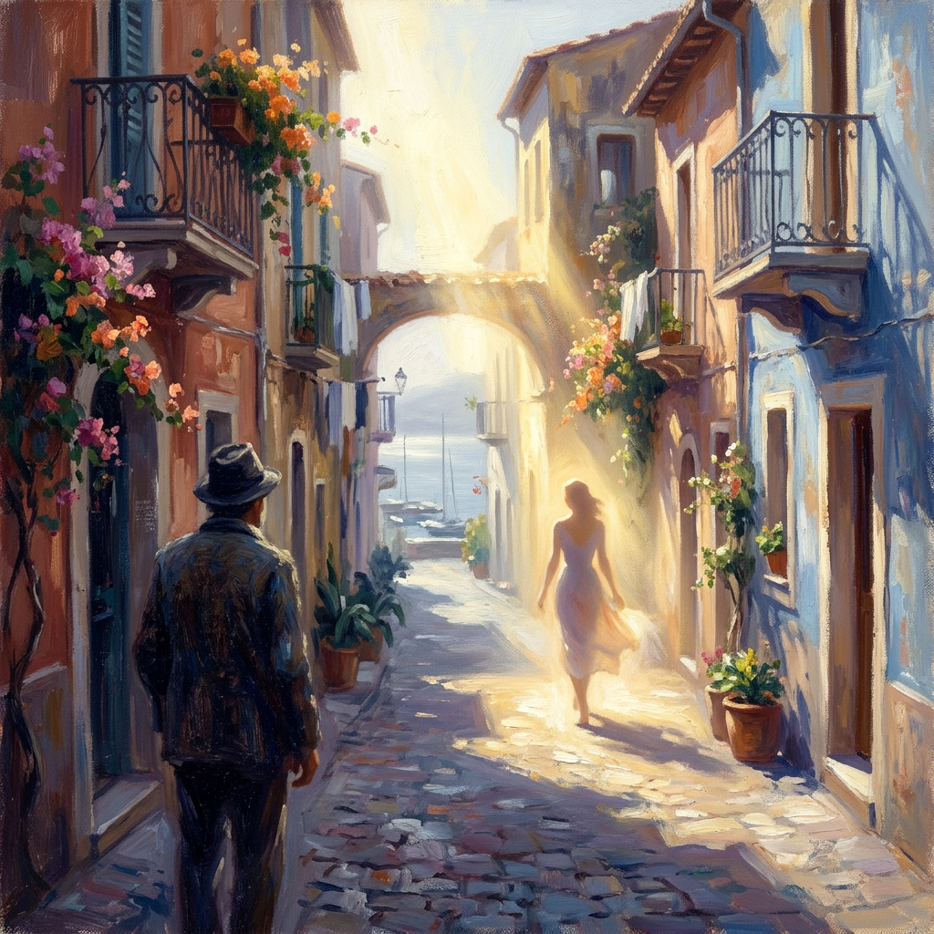 Two people walking through a flower-filled coastal village toward the sea