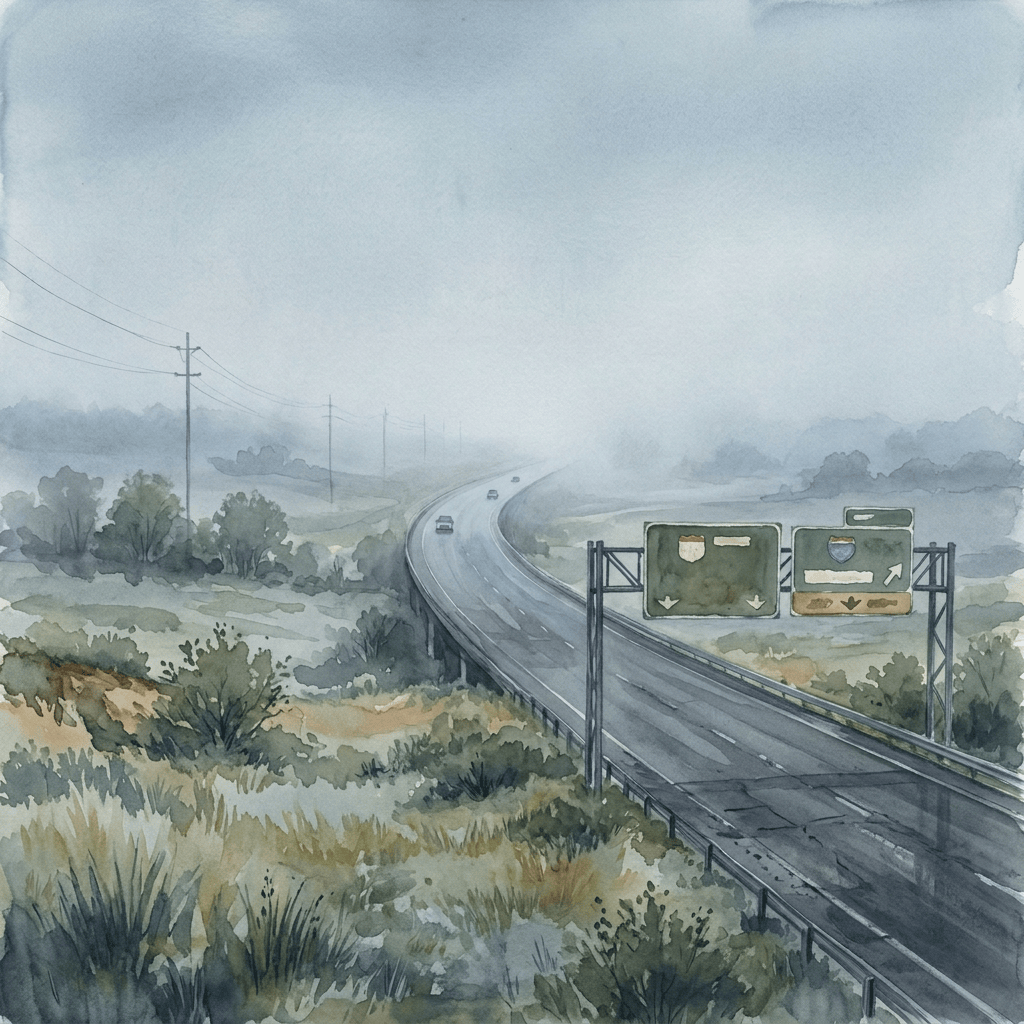 Watercolor highway with cars, state border sign, and overhead road signs